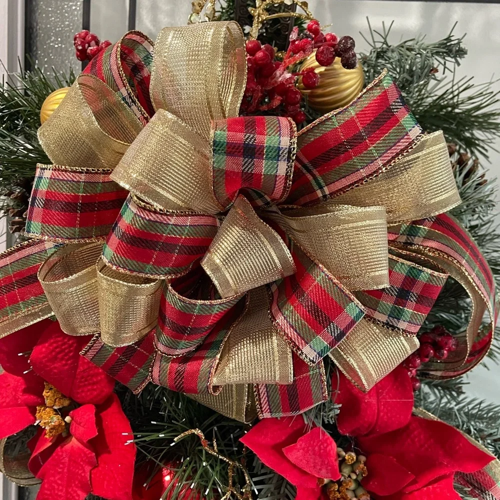 **Red Poinsettia Christmas Teardrop Swag Wreath Front door
